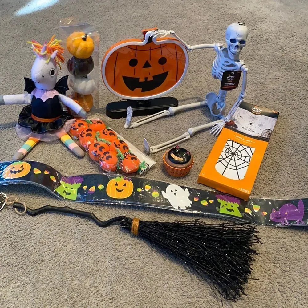 Halloween Mixed Decor, Skeleton & Neon Pumpkin Bundle all NWT